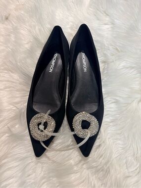 Thompson Black Pointed Toe Flats with Crystal Circle Accent